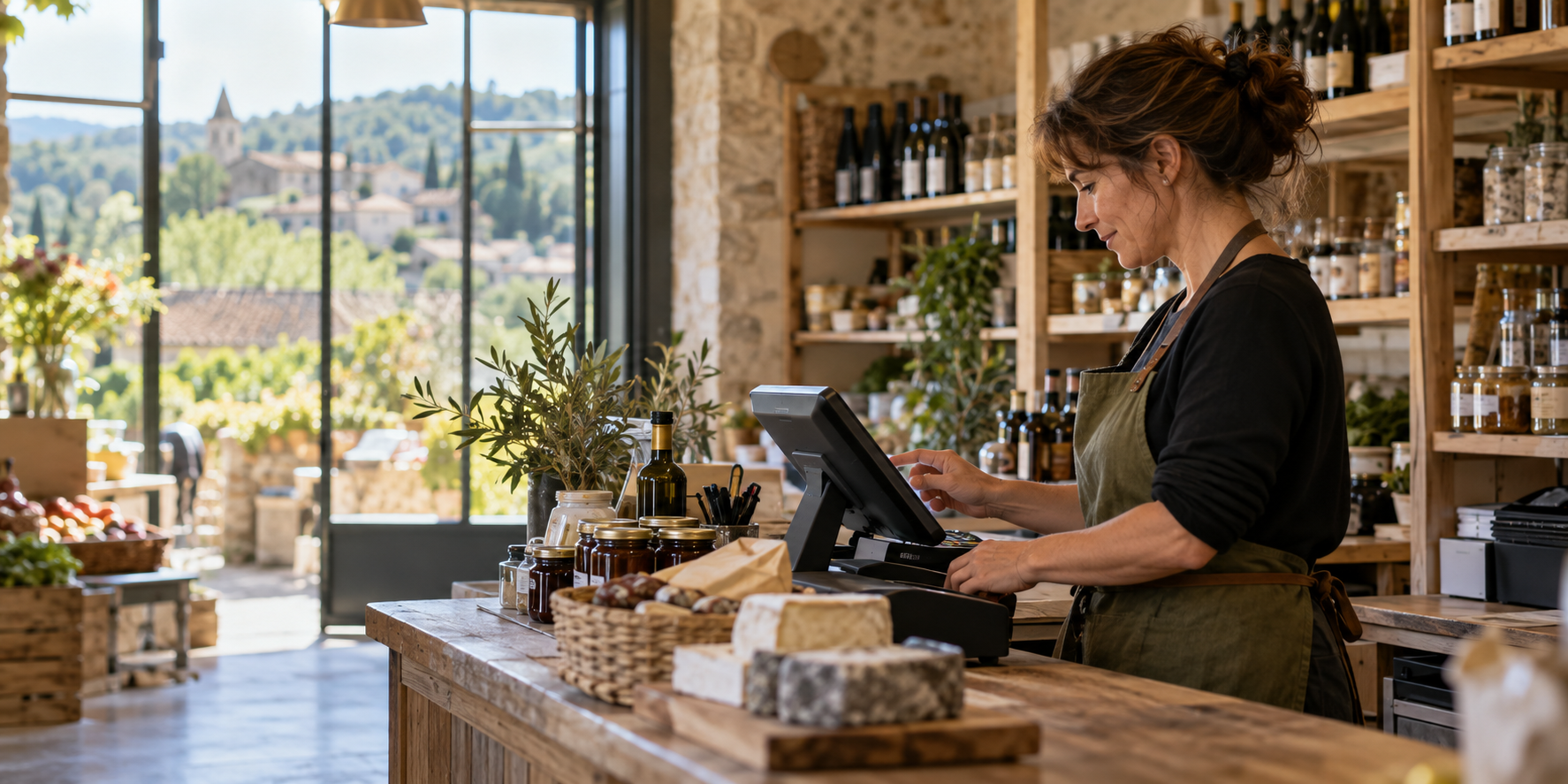Commerçante utilisant un terminal de caisse dans sa boutique